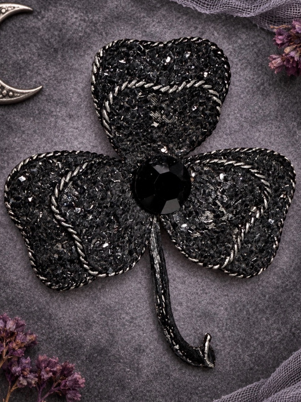 Vintage Goth Witchy Black Textured Shamrock Brooch 3 Leaf Clove Black Stone